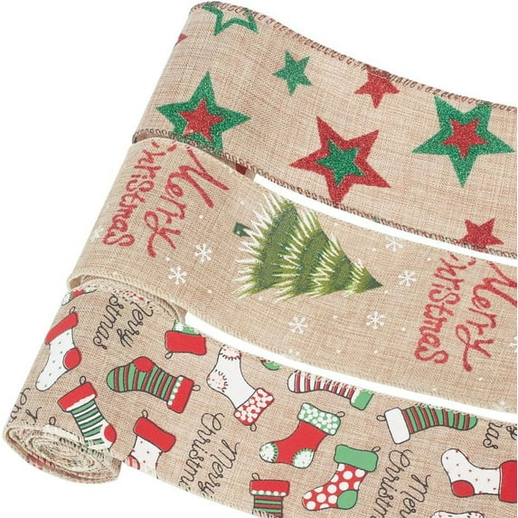 3Pcs 3 Styles Christmas Theme Burlap Ribbon Jute Ribbon for Garment Accessories Dark Khaki Star/Christmas Tree/Christmas Sock Pattern Mixed Patterns 2-3/8 inch(60mm) about 2.19 Yards(2m)/Box