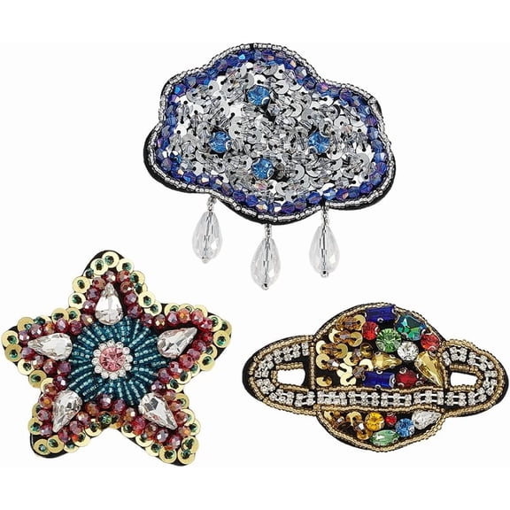 3Pcs 3 Styles Handicraft Beading Felt Appliques with Glass Rhinestone Costume Accessories Sewing Craft Decoration Planet/Star/Cloud Mixed Color