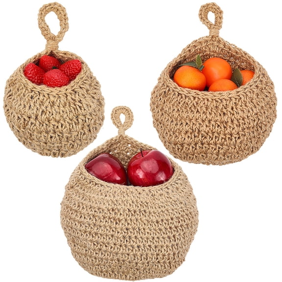 3Pcs 3 Styles Handmade Woven Cotton Fruit Net Hanging Baskets Boho String Bag for for Kitchen Wall Home Restaurant Sienna 210~350mm 1pc/style