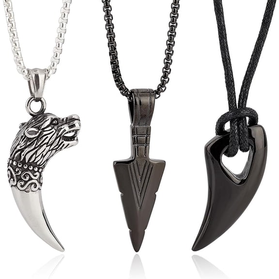 3Pcs 3 Styles Horn & Spearpoint & Wolf 304 Stainless Steel Pendant Necklaces Set with Wax Rope for Men Women Electrophoresis Black 21.65~24.41 inch(55~62cm) 1Pc/style