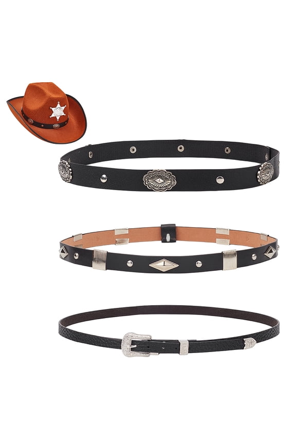 3Pcs 3 Styles Imitation Leather Hat Bands with Alloy for Cowboy Hat Bend Brim Fedora Hat Straw Hat Decoration Black 590~688x9~19x4~11.5mm 1pc/style