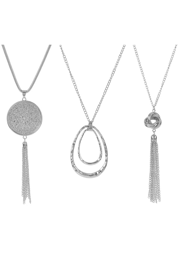 3Pcs 3 Styles Long Pendant Necklaces Chunky Boho Fashion Disk Circle Knot Tassel Alloy Necklace Set Statement Chain Jewelry Platinum