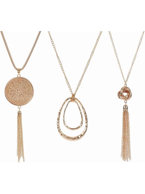 3Pcs 3 Styles Long Pendant Necklaces Chunky Boho Fashion Disk Circle Knot Tassel Alloy Necklace for Women Sweater Birthday Wedding Party Costume Accessories Alloy