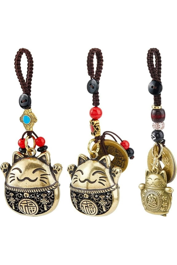 3Pcs 3 Styles Maneki Neko Lucky Cat Keychains Coin keychain Lucky Keyring Brass Key Chain with Five Emperors Money Good Luck Pendants Decor for Car Keys Bag Purse 13-14cm