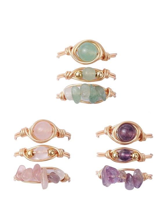 3Pcs 3 Styles Natural Rose Quartz & Amethyst & Green Aventurine Finger Rings Copper Wire Wrapped Jewelry for Women Size 8 1/2(18.5mm) 1pc/style