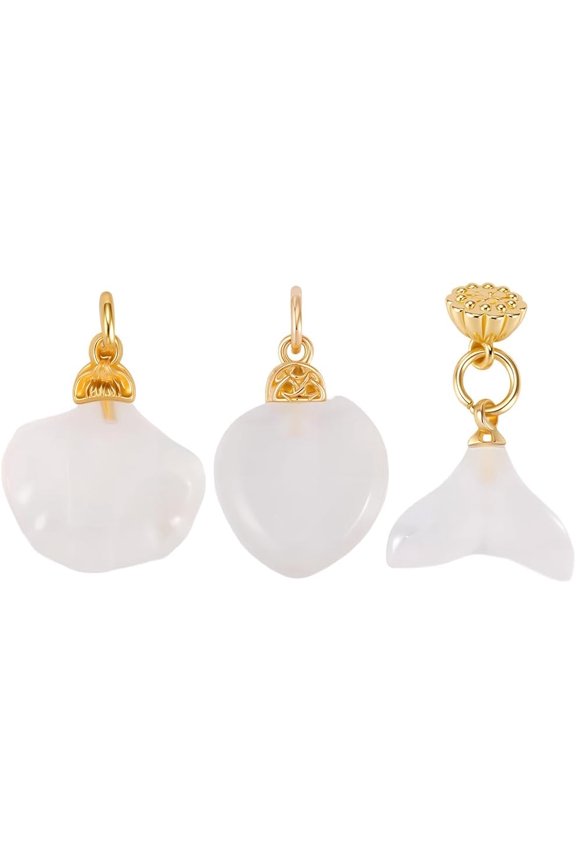 3Pcs 3 Styles Natural White Agate Pendants with Brass Findings Real 14K Gold Plated Heart & Shell & Whale Mixed Shapes 6.5~18.5x6~14.5x6~7.5mm Hole: 3~3.5mm 1pc/style