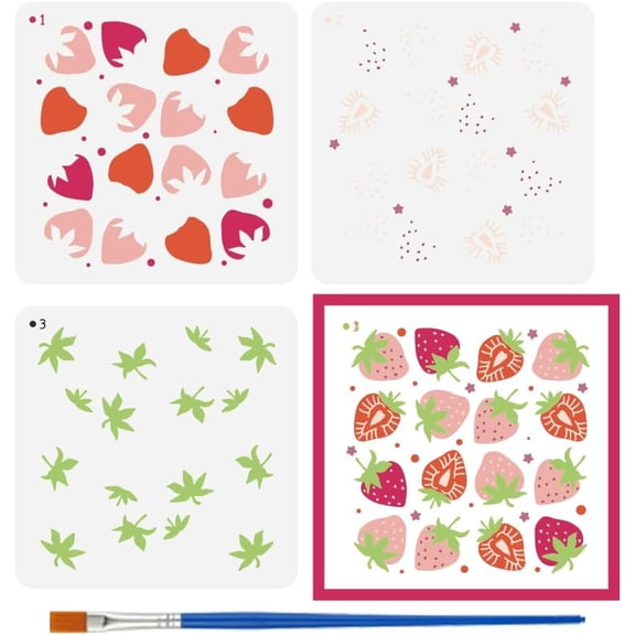 3Pcs 3 Styles PET Hollow Out Drawing Painting Stencils for DIY Scrapbook Photo Album Strawberry 150x150mm 1pc/style for DIY