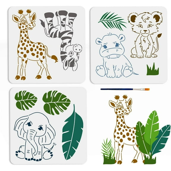 3Pcs 3 Styles PET Hollow Out Drawing Painting Stencils for DIY Scrapbook Photo Album with 1Pc Art Paint Brushes Forest Animals 300x300mm 1pc/style