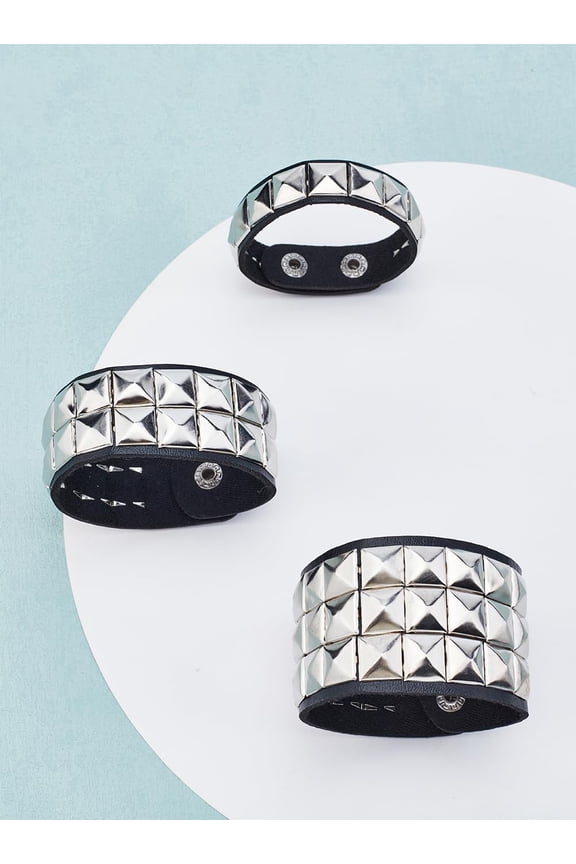 3Pcs 3 Styles PU Wrap Cord Bracelets Set 8 inch Long 304 Stainless Steel Square Rivet Stud Punk Cuffs with Iron Clasp Leather Punk Bracelets Stainless Steel Color for Party Favors Accessories