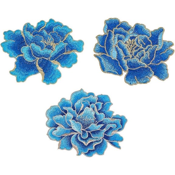 3Pcs 3 Styles Peony Floral Embroidered Patches Cornflower Blue Sew on Patches Applique Iron on Floral Applique Motif Craft Supply