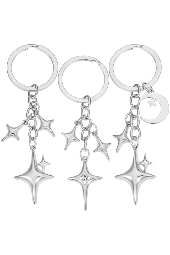 3Pcs 3 Styles Star Alloy Keychains Platinum 94-98mm 1pc/style