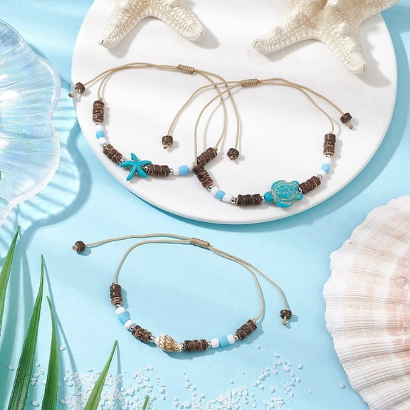 3Pcs 3 Styles Summer Beach Starfish Turtle Shell Shape Adjustable Anklets Dyed Turquoise Shell Coconut Beaded Anklets Mixed Shapes Mixed Color