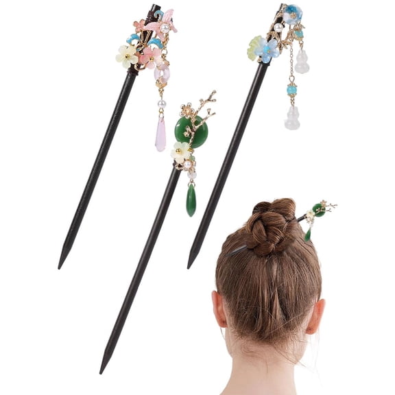 3Pcs 3 Styles Vintage Glass Hair Sticks Chinese Chopsticks Decorative Hairpins Long Thick Hair Accessories with Tassels Flower for Women Buns Updo Styling Blue Pink Green 180mm