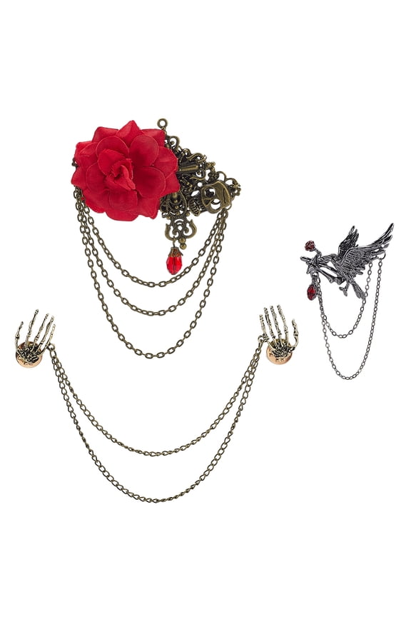 3Pcs 3 Styles Vintage Rose Tassel Chain Pin Brooch Punk Gothic Claw Lapel Pins Crow Palm Hip Hop Gothic brooches