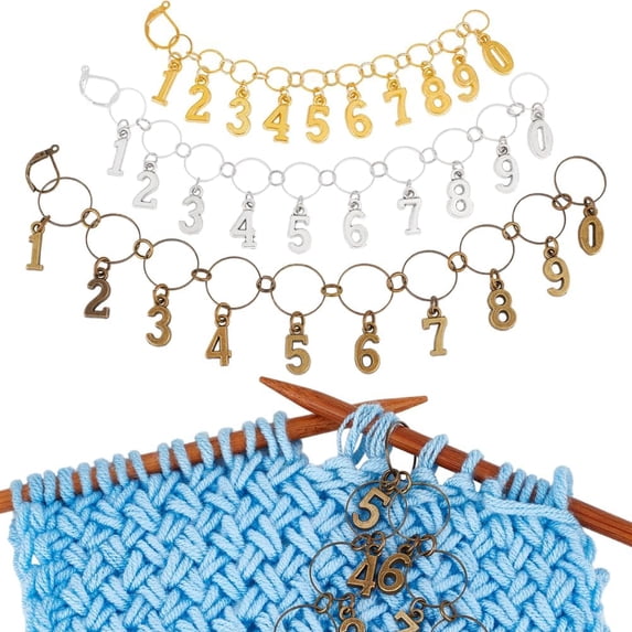 3Pcs 3Colors Brass Knitting Row Counter Chains Alloy 0 to 9 Number Charm Metal Stitch Markers for Knitting Weaving Sewing Accessories for DIY