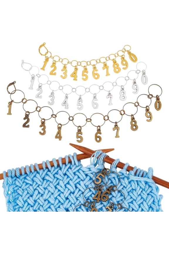 3Pcs 3Colors Brass Knitting Row Counter Chains Alloy 0 to 9 Number Charm Metal Stitch Markers for Knitting Weaving Sewing Accessories for DIY