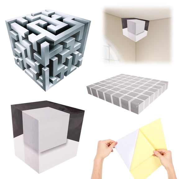 3Pcs 3D Optical Illusion Corner 3D Optical Wall Art Illusion Corner Decal Removable Peel and Stick Stereoscopic Cube Sticker Wall Art Home Decor