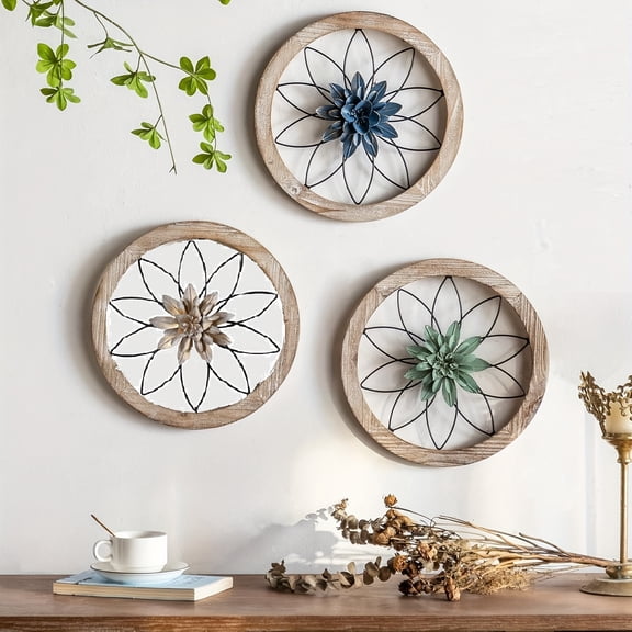 3Pcs 3D Round Farmhouse Wall Decor - Vintage Wooden Frame & Metal Wall Art for Bedroom, Living Room, Kitchen, Bathroom, Dining Room and Home Decorations