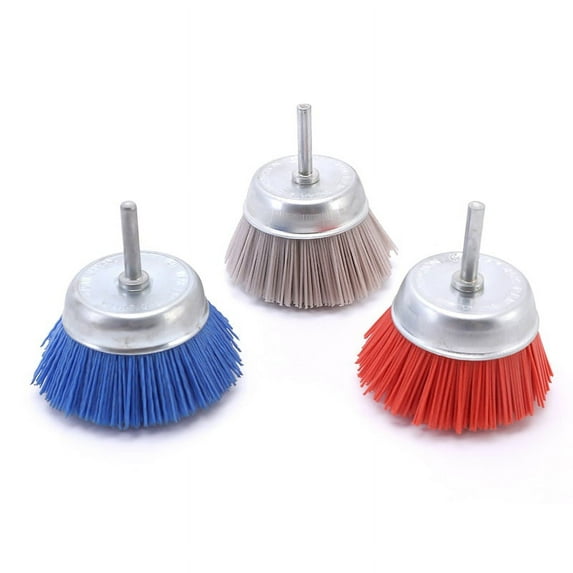 3Pcs 3Inch Nylon Filament Abrasive Wire Cup Brush Kit with 1/4 Inch Shank, Include Fine Medium Coarse Grit Removal Rust,Red&Blue&Grey