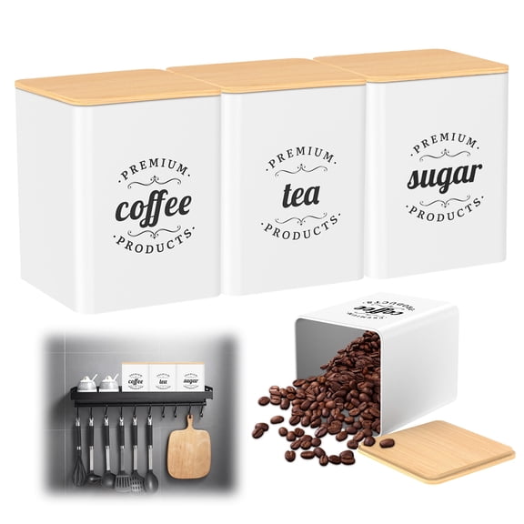 3Pcs 47oz Tea Coffee Sugar Canister Set Metal Square Food Container with Bamboo Lid Countertop Coffee Storage Jar for Sugar Bean Snack Coffee Tea Sugar Container Set