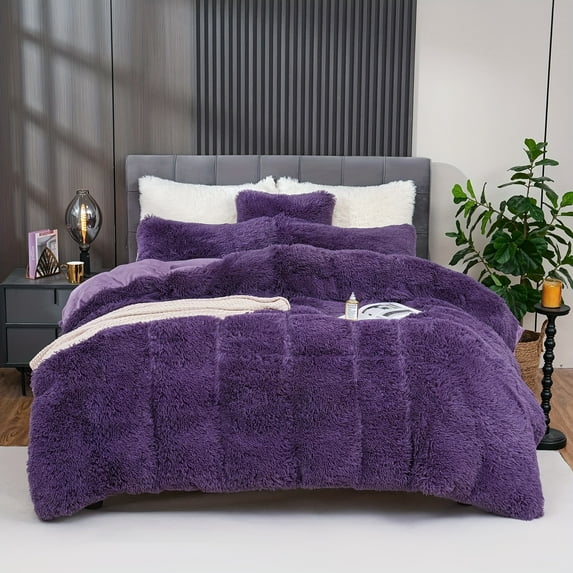 3Pcs/4Pcs Velvet Fuzzy Plush Luxury Duvet Cover Set, Queen Size Ultra Soft Comforter Cover Bed Sets with Zipper Closure (1 Faux Fur Duvet Cover 1/2 Pillow Cases 1 Pillow Cover)