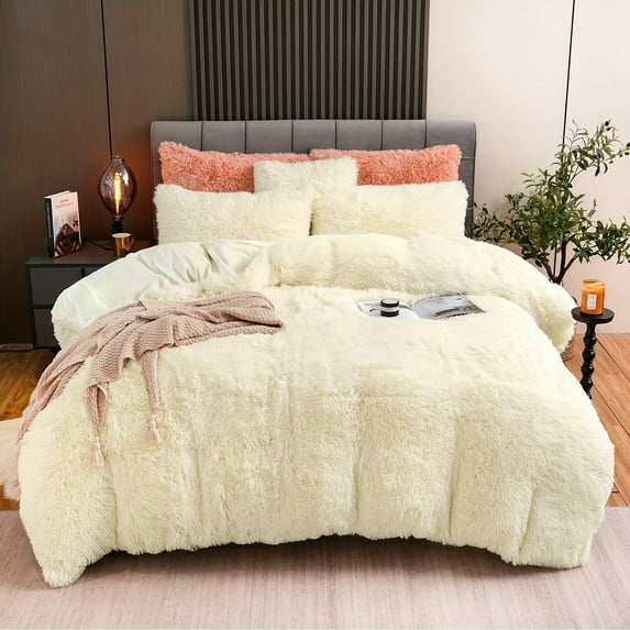 3Pcs/4Pcs Velvet Fuzzy Plush Luxury Duvet Cover Set, Queen Size Ultra Soft Comforter Cover Bed Sets with Zipper Closure (1 Faux Fur Duvet Cover 1/2 Pillow Cases 1 Pillow Cover)