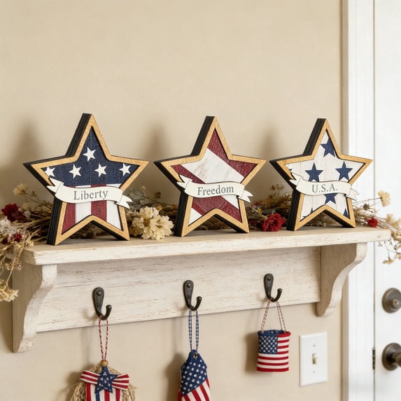 3Pcs 4th of July Patriotic Wooden Stars Decor, Red White Blue Rustic Tiered Tray Tabletop Ornaments, Independence Day Memorial Day Farmhouse Home Office Shelf Decorations