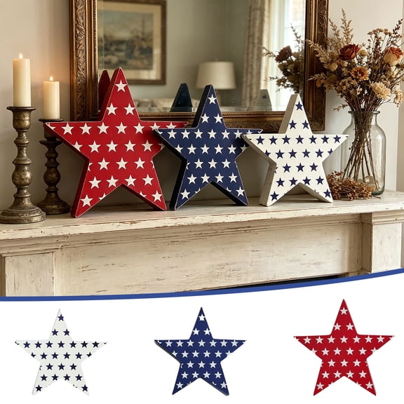 3Pcs 4th of July Wooden Star Decorations 250th Anniversary 3D Patriotic Memorial Day Tiered Tray Decor Rustic Red White Blue Star Table Decor