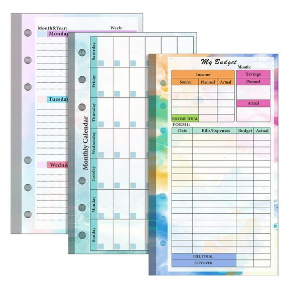 3Pcs 6 Hole Budget System Refill, 6.8x3.7 Inch Classic Weekly Monthly A6 Planner Inserts, for Binder Cover Budgeting Envelope Wallet Bill Saving