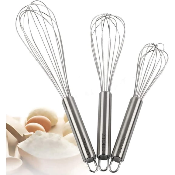 3Pcs 8 Inch, 10 12 Inch Stainless Steel Whisk Kitchen Set Whip Utensils Wire Balloon for Blending, Whisking, Beating and Stirring 3 Pack Whisks