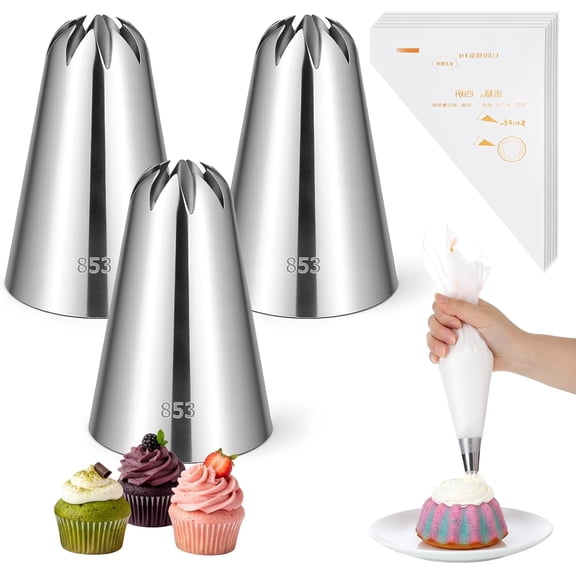 3Pcs 853 Stainless Steel Icing Tips with 20 Disposable Pastry Bag, Large Piping Nozzles Decorating Tips, Piping Bags and Tips Set, Cake Baking Tools for Cupcake Decorating
