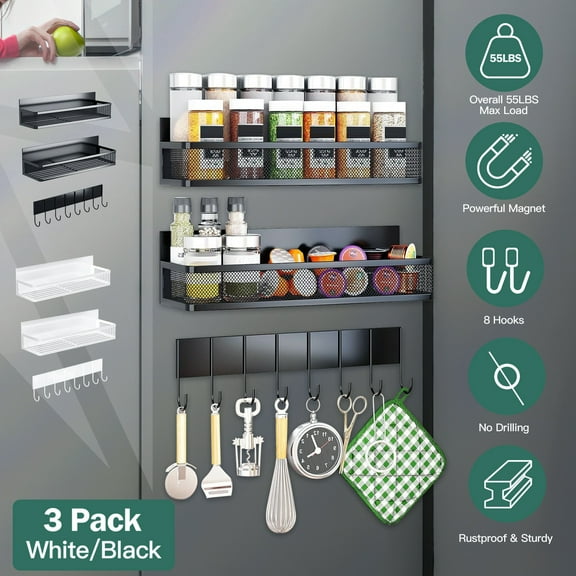3Pcs 8Hooks Moveable Magnetic Spice Rack  Kitchen Refrigerator Seasoning Storage Shelf Organizer Black