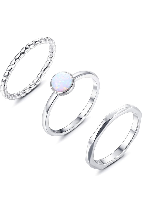 3Pcs 925 Sterling Silver Rings for Women Men 18K White Gold Plated Thumb Pinky Knuckle Stackable Rings High Polished Hammered Twisted Opal Band Rings Set Comfort Fit Size 5 to 9