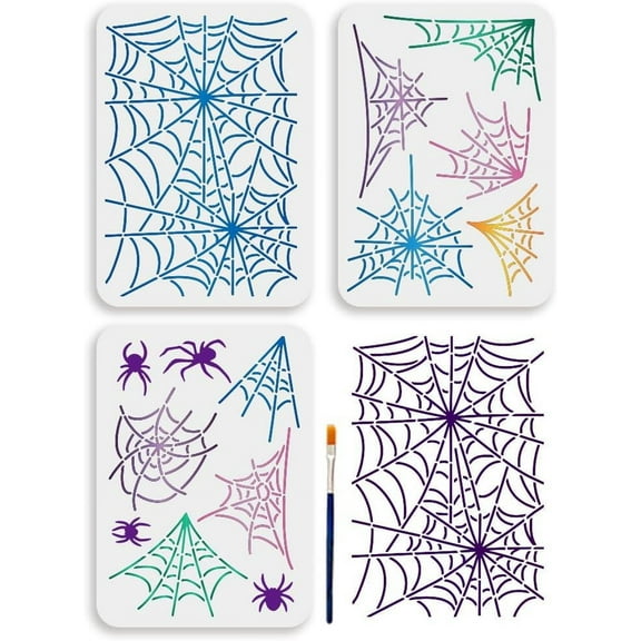 3Pcs A4 Spider Painting Stencil Spider Web Template 11.7x8.3inch Theme Plastic Stencil with Paint Brush Scary Insects Reusable Template for Painting on Wood Home Decor Mixed Color