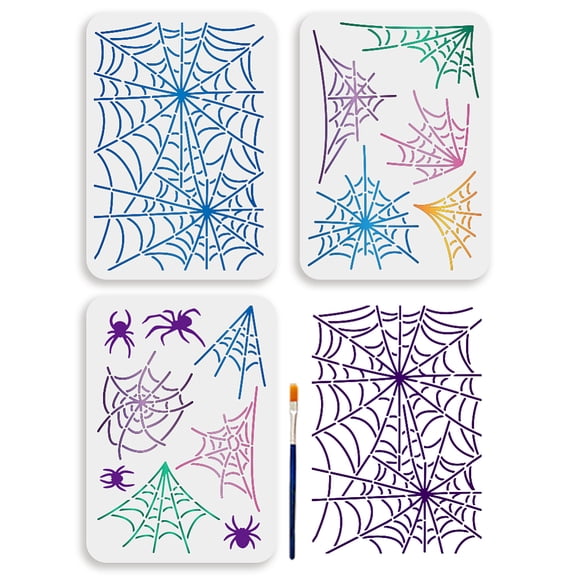 3Pcs A4 Spider Painting Stencil Spider Web Template 11.7x8.3inch Theme Plastic Stencil with Paint Brush Scary Insects Reusable Template DIY