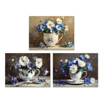 3Pcs Abstract Bouquet Canvas Wall Art Blue Flowers in Vase Artwork Print Painting for Living Room Office