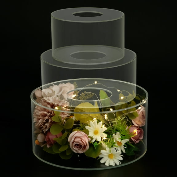 3Pcs Acrylic Cake Stand with Light Strings Clear Fillable Cake Riser Stackable Cake Tier Round Decorative Cake Display Stand for Wedding Birthday Holiday Party(6 Inches, 8 Inches, 10 Inches)