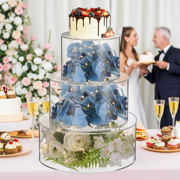 3Pcs Acrylic Cake Stands with LED Lights, 6'' 8'' 10'' Clear Fillable Cake Risers for Wedding Party Display, Stackable Dessert Holders