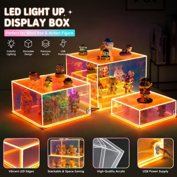 3Pcs Acrylic Display Case for Collectibles with LED Light, 3 Layer Adjustable Figure Display Case with LED Strip, Lighte Iridescent Acrylic Display Risers with LED light, Acrylic Cube Display Box