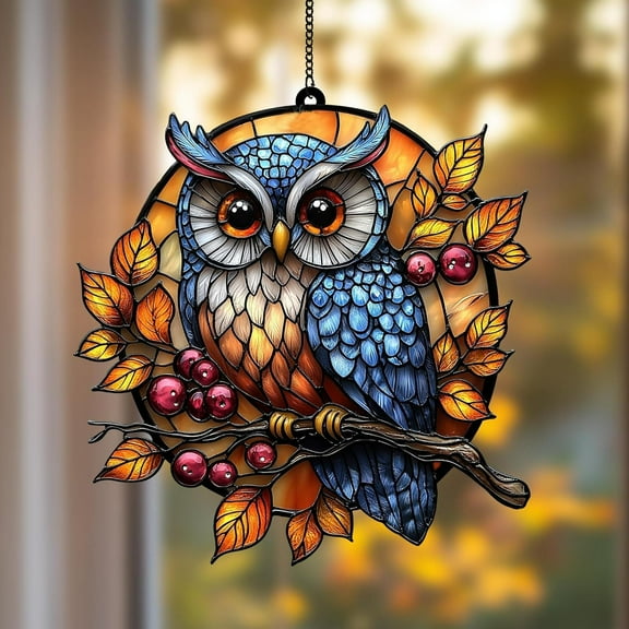 3Pcs Acrylic Owl Pendant, RRJ Owl Hanging Decor, Stained Glass Acrylic Pendant Handcrafted Owl Ornament, Blue Feathers Detailed Window Hanging for Home Garden Patio Decor