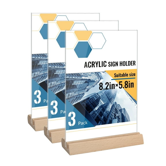 3Pcs Acrylic Sign Holder 6x8.2 Wood Base with 2 Grooves, Double Sided Table Top Display Stand, Clear Plastic Paper Holder Stand, Vertical Wooden Flyer Stand for Vendor Events Store Office