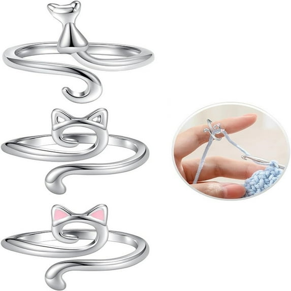 3Pcs Adjustable Cat Shape Alloy Crochet Rings, Finger Protection Yarn Guide Crochet Accessories for Women Crafters, Cute Knitting Kit with Retro Charm Ideal for Cat Lovers