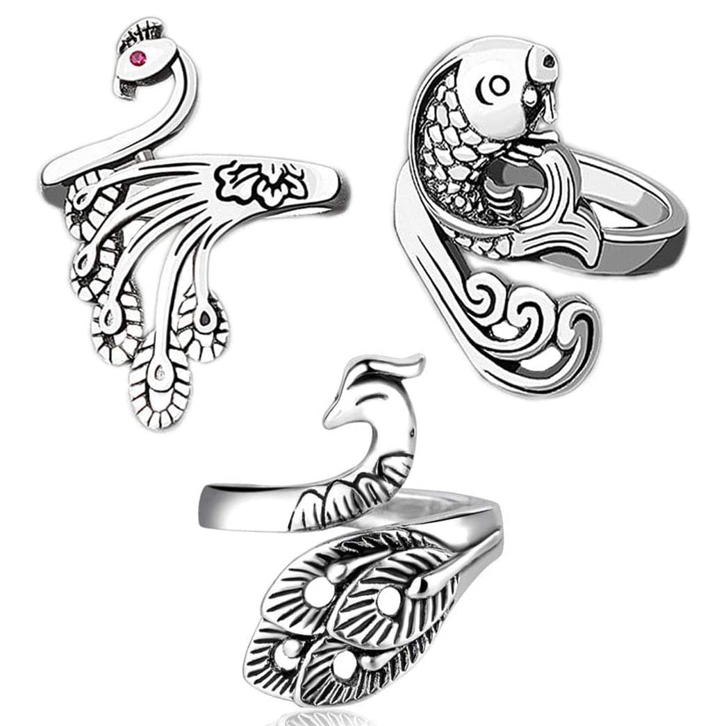3Pcs Adjustable Knitting Loop RingPeacock Goldfish Open Finger Ring