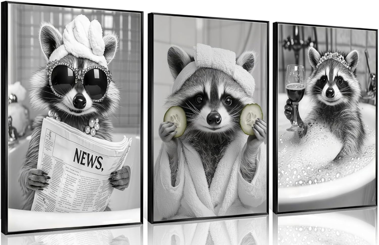 3Pcs Adorable Raccoon Bathroom Canvas Wall Art Funny Black and White ...