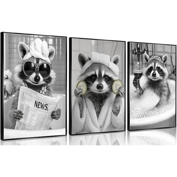 3Pcs Adorable Raccoon Bathroom Canvas Wall Art Funny Black and White Raccoon In Bathtub Wall Decor Pictures Cute Humor Animal Posters Prints for Toilet Restroom Decoration 12x16in