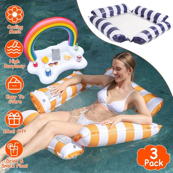 3Pcs Adult Inflatable Pool Floats with Buoyancy Pillows Drink & Snack Float 2 Water Hammocks