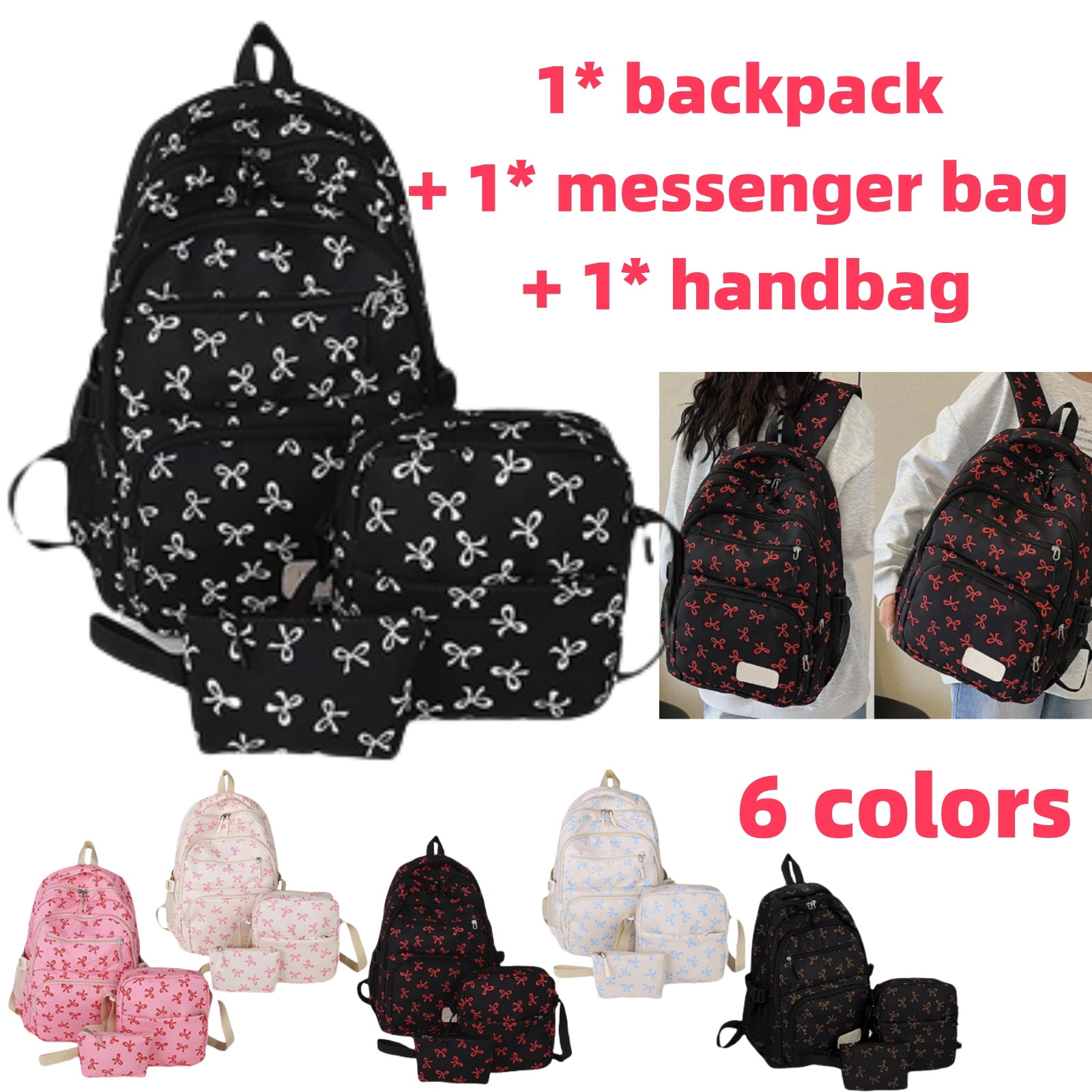 Asthetic Ricksack 3Pcs Aesthetic Bow Backpack Set for Women, Cute Kawaii Nylon Rucksack ...