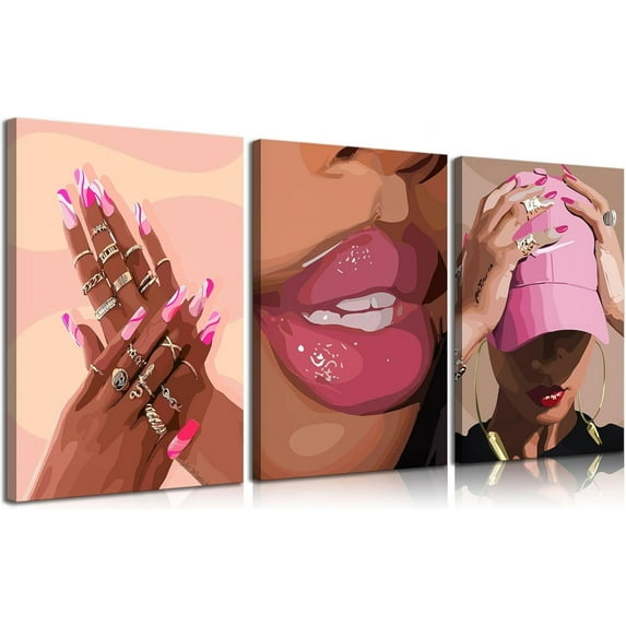 3Pcs African American Black Woman Canvas Wall Art pink Fashion Black Girl Posters Prints Wall Decor Pictures for Home Living Room Bedroom Bathroom Decoration Und