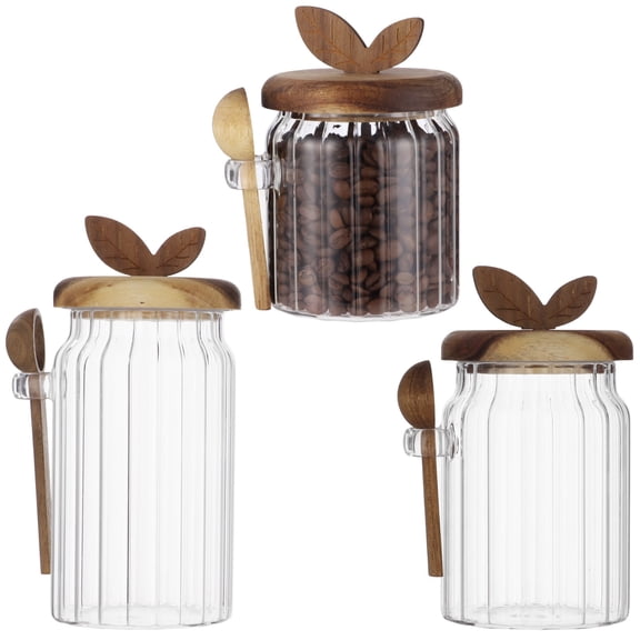3PCS Striped Glass Jars with Spoons & Wooden Lids, Coffee Container Food Storage Containers, Airtight Kitchen Organization for Coffee Beans, Tea, Sugar & More