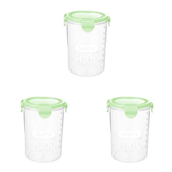 3Pcs Airtight Plastic Food Storage Container,1000ml Seal Pot with Scale Mark,Stackable Canister with Clip Lid,Transparent Cylindrical Storage Jar for Grain,Nuts,Candy,Dried Fruit,Spice Pantry